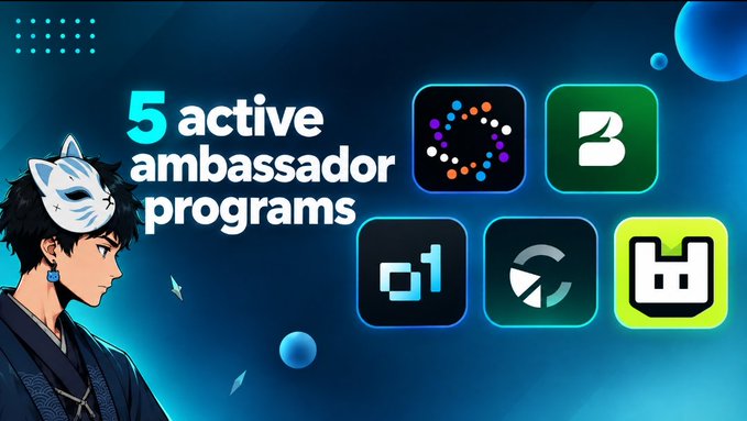 A promotional graphic for cryptocurrency ambassador programs featuring a masked anime-style character alongside icons for Polkadot, Bitget, OKX, The Graph, and BNB.