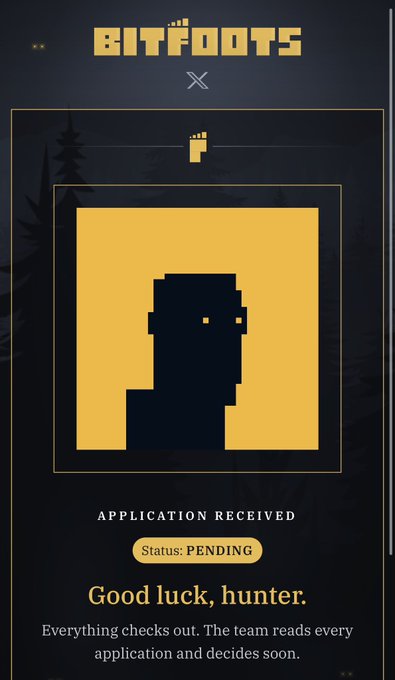 A Bitfoots application confirmation screen shows a pixelated character avatar with the text 'APPLICATION RECEIVED', 'Status: PENDING', and 'Good luck, hunter.'