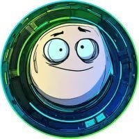 A circular cartoon illustration of a wide-eyed, slightly anxious-looking face with green and blue glowing rings, set against a white background.