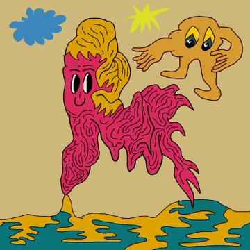 This amusing graphic artwork offers illustrations of two fantastical characters resembling a fireball and an alien. According to the accompanying description it is The collection of the Language which is a work by @ttiimmees which is available at superomonnaire.com.