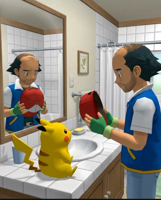 An illustrated scene of a man in a blue vest holding a red and white Poké Ball in a bathroom, with his reflection visible in the mirror and Pikachu sitting on the counter beside him.