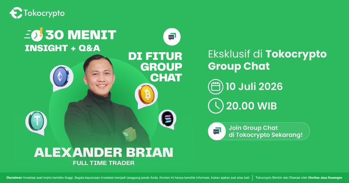 The image is a promotional graphic for a Tokocrypto event featuring Alexander Brian (Full Time Trader) hosting a 30-minute Insight + Q&A session exclusively in the Tokocrypto Group Chat on 10 July 2026 at 20.00 WIB, with cryptocurrency icons (BTC, ETH, etc.) decorating the green background—directly supporting the post's H-1 countdown announcement by highlighting the speaker, date, time, and platform for tomorrow's session.