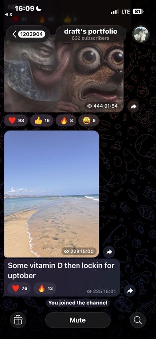 A Telegram channel screenshot titled "draft's portfolio" with 632 subscribers, showing a beach video captioned "Some vitamin D then lockin for uptober" with 76 likes and 13 reactions.