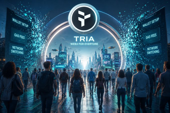 The image features a large group of people walking through an entrance, with a logo prominently displayed above them that says "Tria Web For Everyone". The crowd appears to be moving towards something or someone at the center of the scene. The text on the image suggests that the main focus is on promoting the concept of Web3 and making it more accessible for users by simplifying its usage process, which can help reduce the barriers preventing people from adopting this new technology.