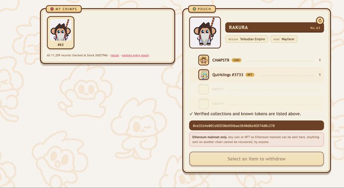 A screenshot of a 'Pouch' interface showing a user profile 'RAKURA No. 43' from Tekiodan Empire, with inventory items including a 'CHIMPSTR GENU' and 'Quirklings #3733 NFT', plus an Ethereum mainnet transaction hash.