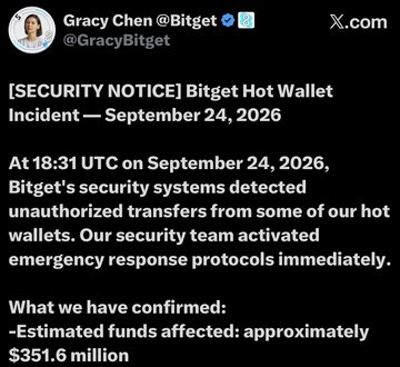 A tweet from Gracy Chen @GracyBitget announcing a [SECURITY NOTICE] about a Bitget Hot Wallet Incident on September 24, 2026, with estimated funds affected of approximately $351.6 million.