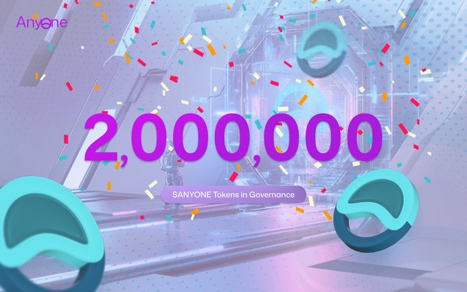 Anyoneone promotional graphic announcing 2,000,000 SANYONE Tokens in Governance, displayed in purple text with confetti.