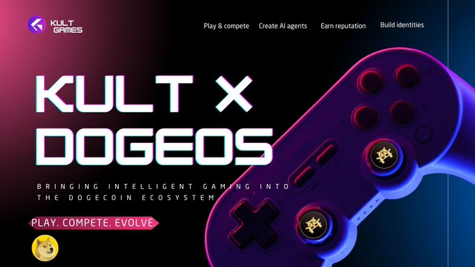 A promotional banner for 'KULT X DOGEOS' gaming platform, featuring the tagline 'Bringing Intelligent Gaming Into The Dogecoin Ecosystem' and 'Play. Compete. Evolve.' alongside a game controller.