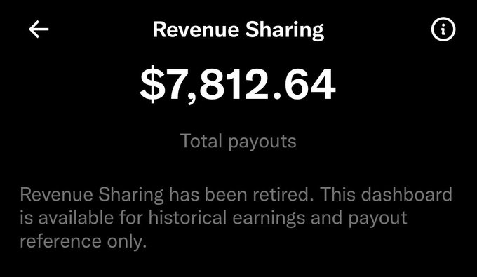 A mobile app screenshot showing a 'Revenue Sharing' dashboard with 'Total payouts' of '$7,812.64', noting that 'Revenue Sharing has been retired. This dashboard is available for historical earnings and payout reference only.'