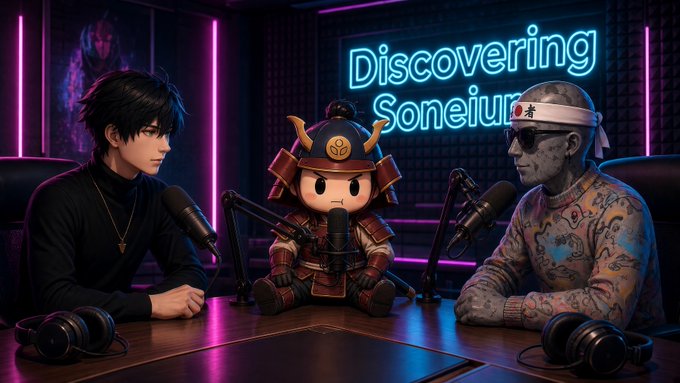 A podcast studio scene showing a dark-haired man and a tattooed man with a headband at microphones, with a samurai-style mascot between them and neon text 'Discovering Soneium' in the background.