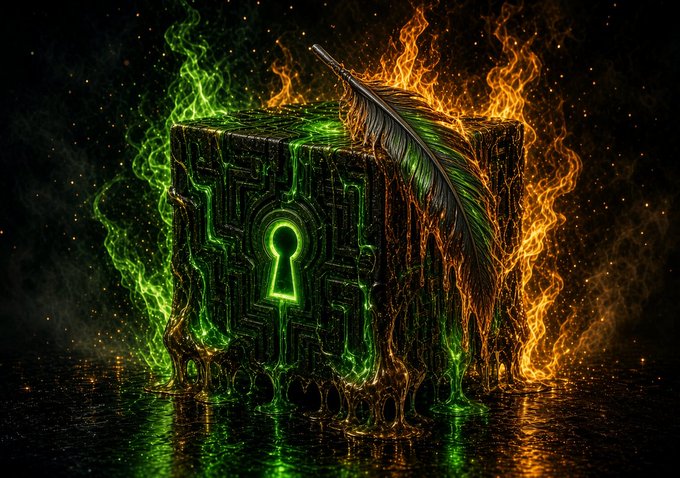 A digital artwork of a dark, ornate cube with a glowing green keyhole, surrounded by swirling green and orange flames against a starry background, with a feather resting on top.