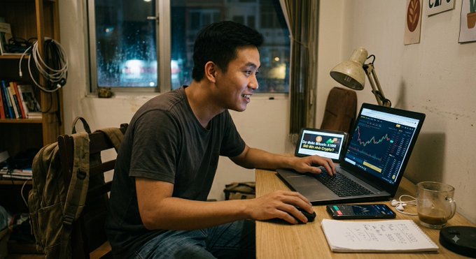 A young man sits at a desk working on a laptop displaying cryptocurrency trading charts, with a tablet showing "For the holders For the crypto!" beside him.