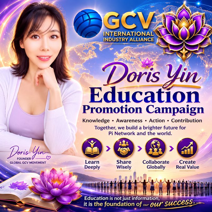The image is a promotional graphic featuring a portrait of Doris Yin, identified as "Founder, Global GCV Movement," alongside the GCV International Industry Alliance logo, announcing the "Doris Yin Education Promotion Campaign" with the tagline "Knowledge • Awareness • Action • Contribution" and four pillars—Learn Deeply, Share Wisely, Collaborate Globally, Create Real Value—set against a world map and lotus imagery. The post's focus on educating pioneers worldwide with accurate knowledge and promoting meaningful participation in building a sustainable Pi ecosystem directly aligns with the campaign's educational mission depicted in the graphic.