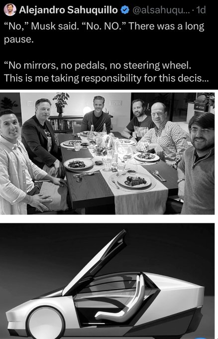 A tweet from Alejandro Sahuquillo (@alsahuqu...) describes Elon Musk's reaction to a Tesla design, featuring a black-and-white photo of men at a dinner table and an image of a futuristic, angular vehicle with no mirrors, pedals, or steering wheel.