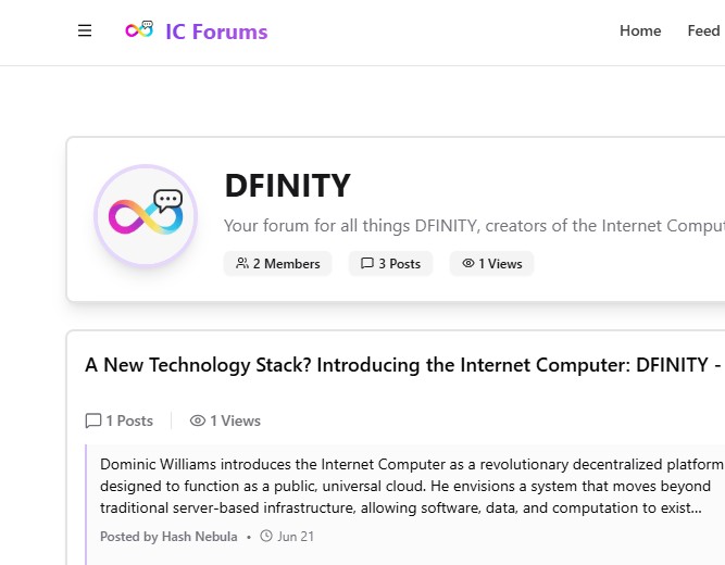 A screenshot of the IC Forums website showing a DFINITY category page with information about a new technology stack introducing the Internet Computer by Dominic Williams.