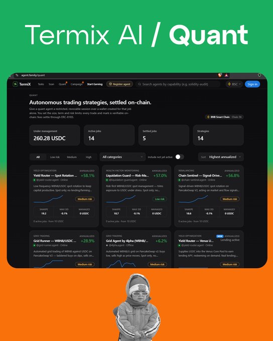 A promotional graphic for 'Termix AI / Quant' showing a screenshot of the agent.family/quant platform displaying autonomous trading strategies settled on-chain, including yield, grid, and liquidation strategies.