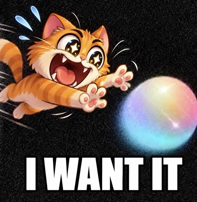 A digital illustration of an excited orange tabby cat with star-shaped eyes leaping toward a rainbow-colored sphere of light, accompanied by the text 'I WANT IT'.