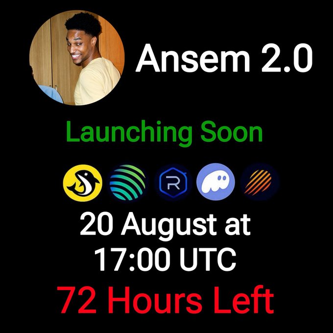 The image is a black promotional graphic for “Ansem 2.0,” featuring a circular portrait, “Launching Soon,” five crypto-style logos, and the text “20 August at 17:00 UTC” and “72 Hours Left.” It supports the accompanying post’s claim of a 2,000,000 $Ansem 2.0 token airdrop for the first 1,500 wallets that follow @0xMrReza and submit a SOL wallet.