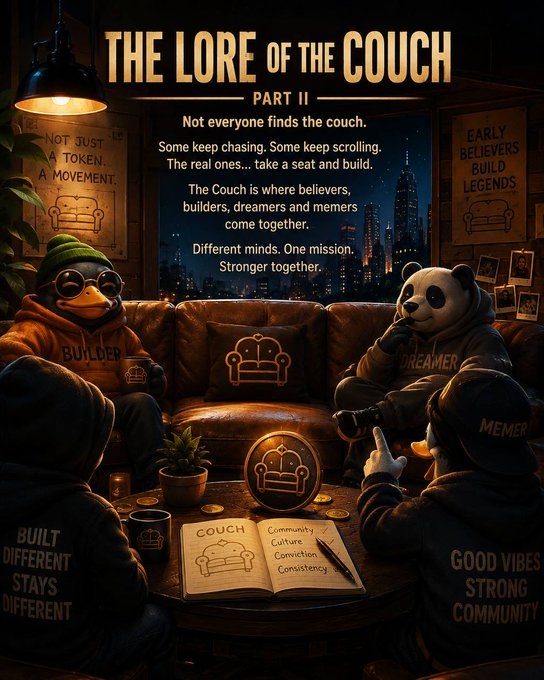 An illustrated promotional image titled 'THE LORE OF THE COUCH PART II' showing anthropomorphic characters in hoodies labeled 'BUILDER', 'DREAMER', and 'MEMER' sitting around a table with text such as 'Not everyone finds the couch' and 'COUCH - Community, Culture, Conviction, Consistency'.