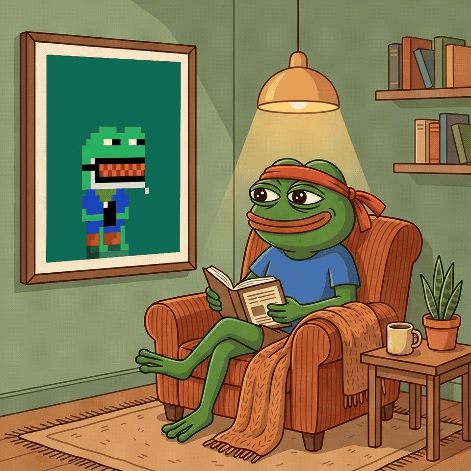 The image features a cartoon frog sitting comfortably in an armchair with its legs crossed while reading a book. The room has green walls and a wooden floor, creating a cozy atmosphere for the frog's leisurely activity. A potted plant can be seen on one side of the room, adding to the homey ambiance. The image also includes text that reads "Gn fam Sleeeep well, legends Let' s HODL through the night!".