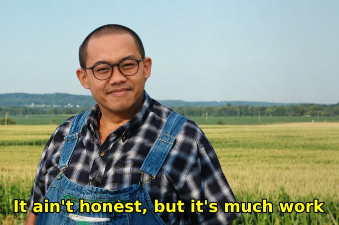 A man wearing glasses, a plaid shirt, and denim overalls standing in a green field, with yellow caption text reading 'It ain't honest, but it's much work'.