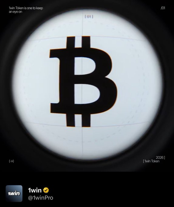 A graphic design featuring a black Bitcoin logo viewed through a circular lens, with text '1win Token is one to keep an eye on', '2026', and a Twitter handle '@1winPro' for 1win.
