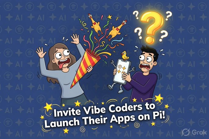 The image shows two people, one holding a large party horn or confetti cannon and another person looking at them with an expression of confusion or surprise. The caption reads "Invite Vibes Coders to Launch Their Apps on Pi!". This image is related to the post because it promotes the idea that Pi still needs merchandise raffles to attract developers, as seen in the image where a man and woman are holding a party horn together with a Pi logo nearby. 

The image highlights the importance of engaging with the community and creating excitement around Pi by organizing events or campaigns like this one. It encourages people to get involved in the development process and helps build a sense of belonging within the Pi community. The use of confetti or party horns can also symbolize celebration, innovation, and the joy of learning about new technologies such as Pi. By promoting these ideas through visual content like an image with two people holding a party horn, the post aims to spark interest in Pi among potential users and developers alike.