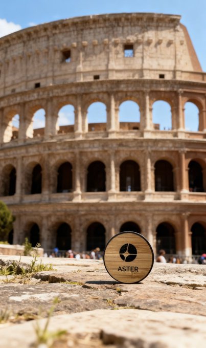 The Colosseum in Rome is shown in the background while a circular wooden plaque bearing the 'ASTER' logo sits on the stone ground in the foreground.