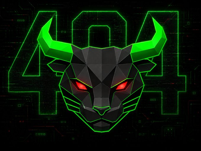Digital gaming/anime-style logo featuring a geometric black bull head with glowing red eyes on a green neon '404' background with circuit board-style details.