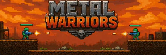 A pixel art game screenshot titled 'METAL WARRIORS' showing two soldiers firing weapons at each other against a fiery orange sky.