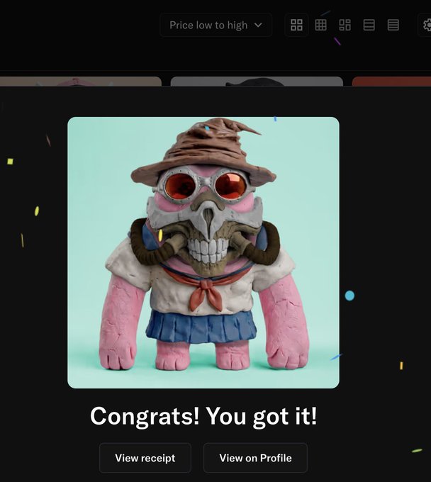 A digital collectible purchase confirmation screen showing a pink-skinned character with a skull mask and sunglasses, captioned 'Congrats! You got it!'