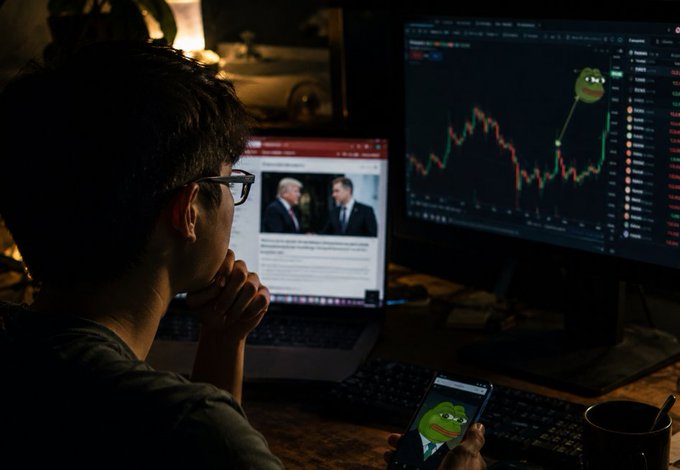 A dimly lit scene of a young man with glasses looking at multiple screens showing cryptocurrency charts (with a Pepe the Frog meme overlaid on the price graph) and a news article, while also viewing a phone displaying another Pepe meme, suggesting crypto trading activity.