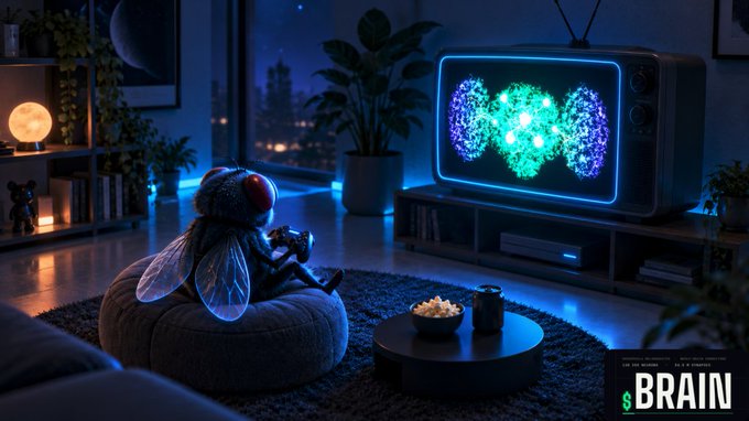A humanoid fly-like figure lounges on a bean bag in a cozy, neon-lit living room, gaming with a controller while watching a glowing, neuron-shaped display on the TV. The bottom right corner features the "$BRAIN" branding, aligning with the post's promotion of an upcoming game development project for $BRAIN holders.
