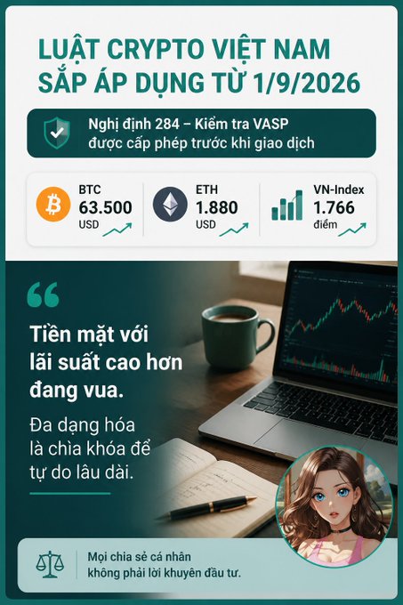 An infographic in Vietnamese about Vietnam's upcoming crypto law (effective 9/1/2026), showing BTC at $63,500 and ETH at $1,880, with a quote 'Tiền mặt với lãi suất cao hơn đáng vua' (Cash with interest higher than kings).