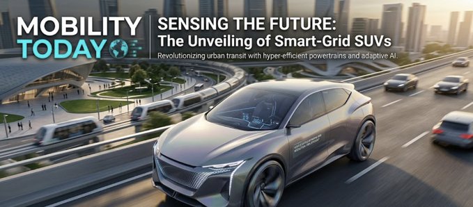 A 'MOBILITY TODAY' promotional banner titled 'SENSING THE FUTURE: The Unveiling of Smart-Grid SUVs' with tagline 'Revolutionizing urban transit with hyper-efficient powertrains and adaptive AI,' featuring a sleek silver concept car on a futuristic highway.