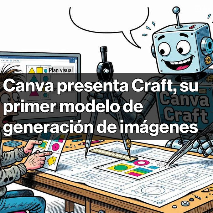 An illustrated promotional graphic shows a cartoon robot and people designing layouts, overlaid with the Spanish headline: “Canva presenta Craft, su primer modelo de generación de imágenes.”