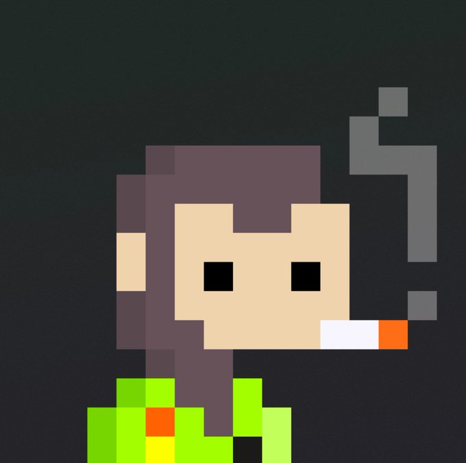 A pixel art character with brown hair is smoking a cigarette against a dark gradient background.