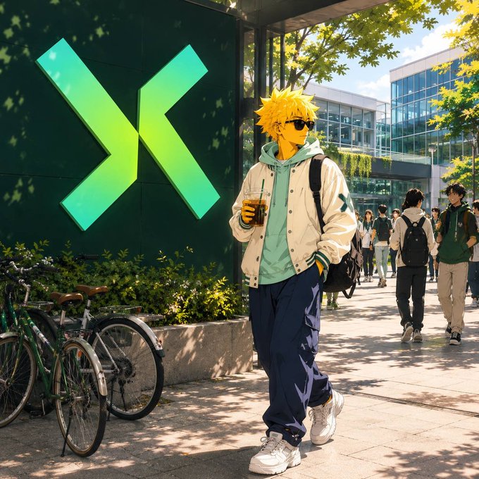 An anime-style illustration of a character with spiky yellow hair, sunglasses, and a white jacket walking on a campus path while holding a coffee cup, with a green 'X' logo in the background.