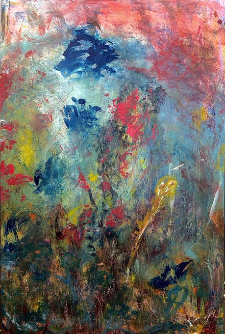Abstract painting featuring chaotic splashes and streaks of blue, red, yellow, and green paint with undefined shapes resembling flowers and figures.