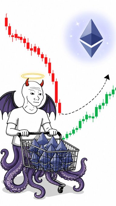 A crypto meme illustration showing a devil-like figure with octopus tentacles pushing a shopping cart full of Ethereum diamonds, with a red candlestick chart dropping and a green recovery arrow pointing toward an Ethereum logo.