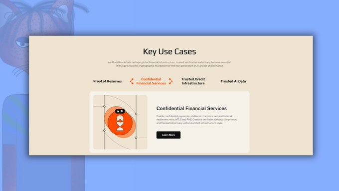 A presentation slide titled “Key Use Cases” lists “Proof of Reserves,” “Confidential Financial Services,” “Trusted Credit Infrastructure,” and “Trusted AI Data,” with a “Learn More” button.