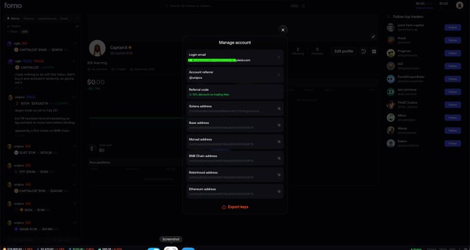The image shows a Fomo trading platform interface with a "Manage account" popup overlay displaying account details for "Captain8" (@captainfomo), showing zero BNB balance and an account email of @harpira. The user has just joined Fomo via their X handle and is seeking next steps to engage with the platform's trading community and potential token launches like $BNBCAP.