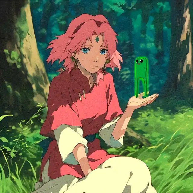 An anime-style illustration of a pink-haired girl in a red outfit sitting in a forest, holding a small green character in her hand.