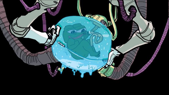 A cartoon illustration of a green frog wearing scuba gear floating inside a glass sphere of water, which is suspended by mechanical robotic arms with purple hoses.