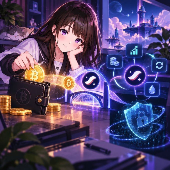 Anime-style artwork depicts a girl with brown hair holding a Bitcoin coin above a leather wallet, surrounded by glowing icons for cryptocurrency, charts, and security, with a cat sleeping nearby.