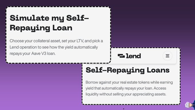 A purple-themed webpage mockup for 'Lend' showing sections titled 'Simulate my Self-Repaying Loan' and 'Self-Repaying Loans' for borrowing against real estate tokens on the Aave V3 platform.