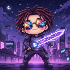 An animated cartoon character with messy dark hair, large reflective goggles, and dark armor wields a glowing purple energy sword against a vibrant neon cityscape under a starry night sky with a crescent moon.