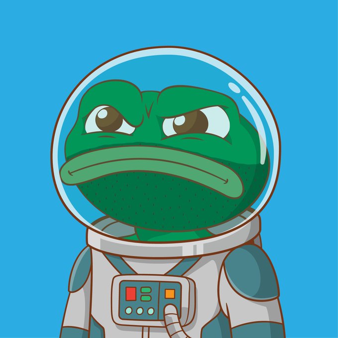 A green cartoon frog with a stern expression wearing a white astronaut suit with a control panel and a clear bubble helmet.