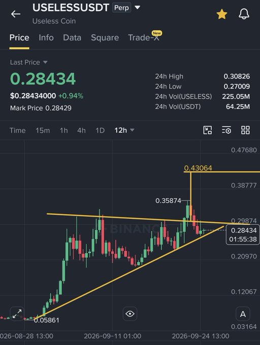 A Binance perpetual futures chart for USELESSUSDT (Useless Coin) showing a current price of $0.28434 (+0.94%), with a descending triangle pattern marked by yellow trendlines.