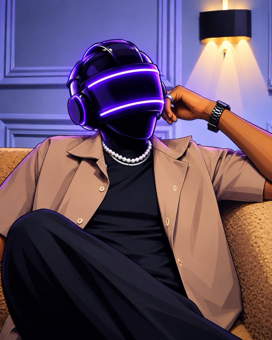 An illustrated figure sits on a couch wearing a futuristic purple and black helmet, a pearl necklace, and a beige button-up shirt.